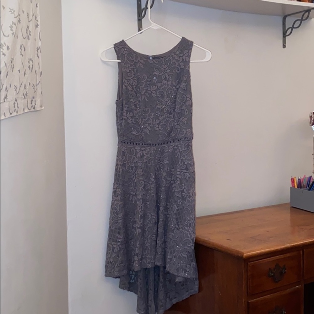 gray dress. longer back. floral lace/sparkles.